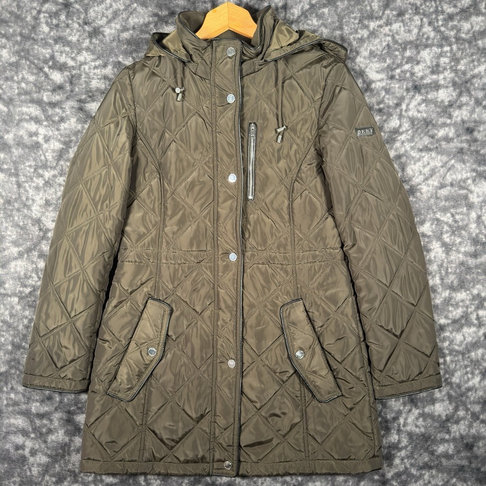 DKNY Quilted Faux-Leather-Trim Anorak Jacket Womens Size S Brown